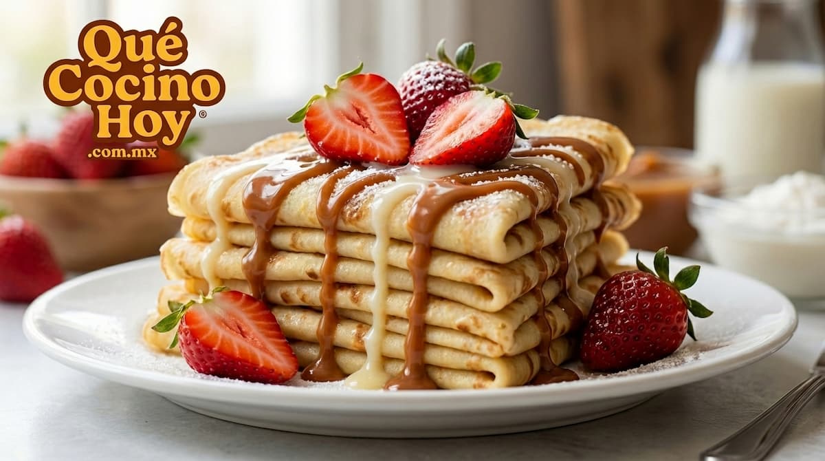 Torre de crepas dulces decoradas con cajeta, queso crema y frutas rojas
