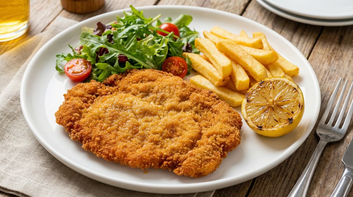 Milanesa empanizada dorada con guarnición de ensalada y papas