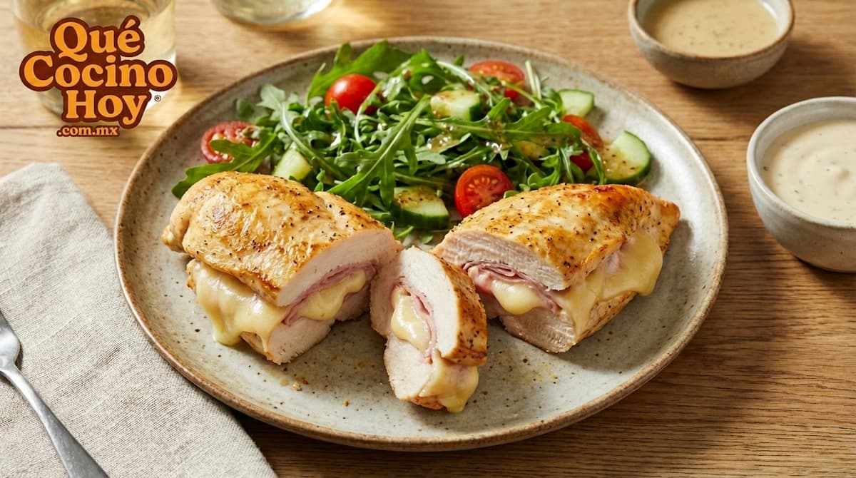 Pechugas de pollo empanizadas rellenas de jamón y queso derretido