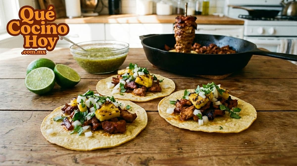 Tacos al pastor con piña, cilantro y cebolla sobre una tortilla de maíz